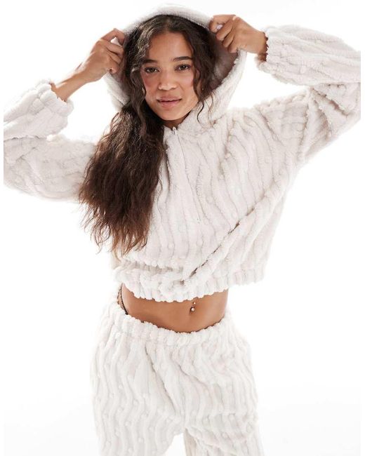 Loungeable White Wavy Popcorn Fleece Wide Leg Trouser Co-ord