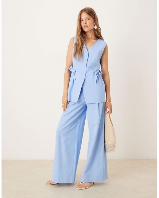 ASOS Blue Linen Blend Tie Waist Trouser Co Ord