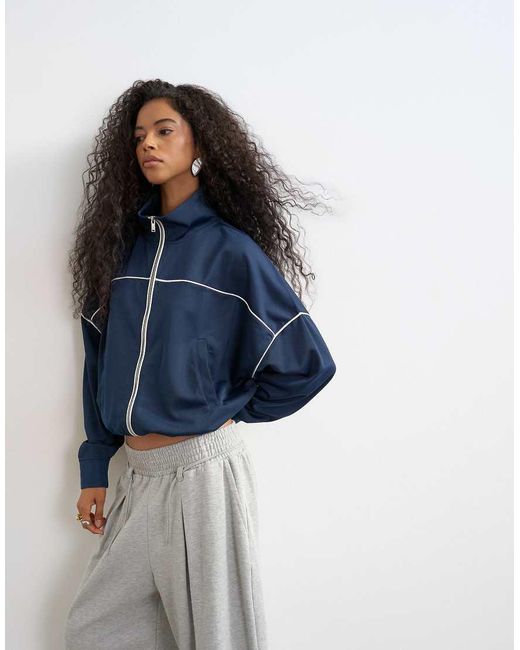 TOPSHOP Blue Sports High Neck Piped Jacket