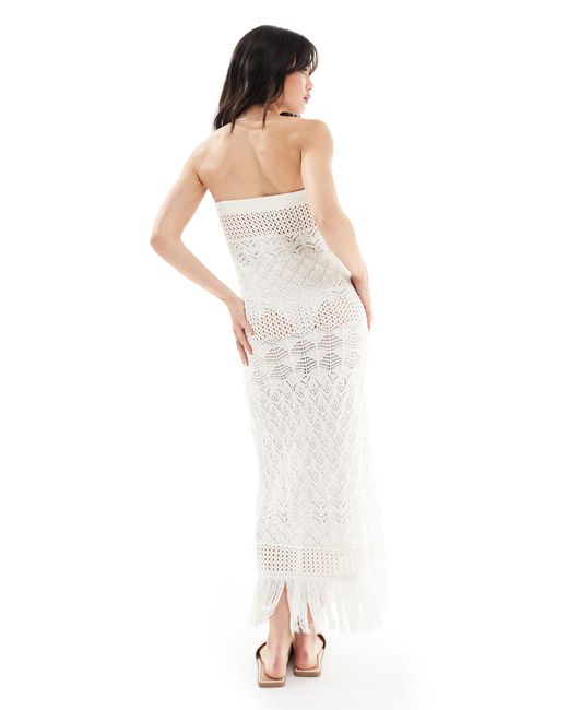 Miss Selfridge White Beach Crochet Fringe Detail Bandeau Maxi Dress