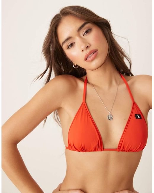 Top Bikini A Triangolo Allacciato Davanti Con Applicazione Logo di Calvin Klein in Red
