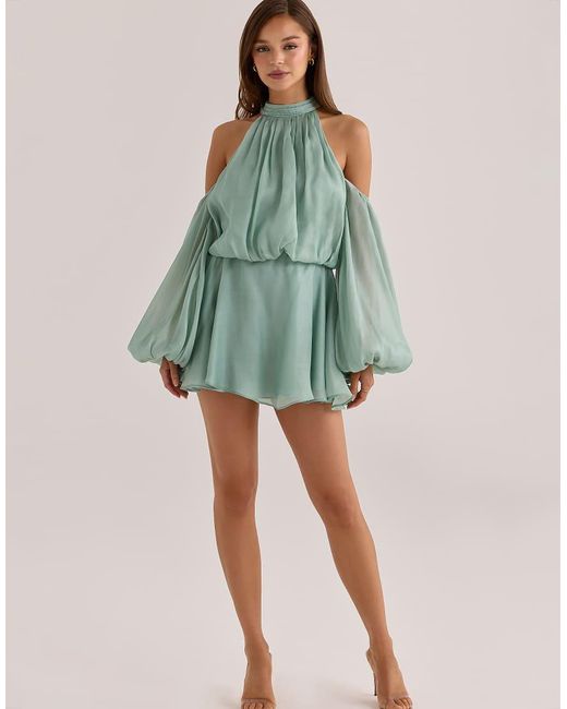 House Of Cb Green Chantelle Jade Silk Organza Open Back Mini Dress