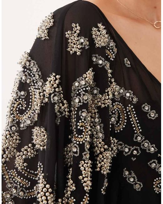 ASOS Black Draped Batwing Sleeve Embellished Maxi Dress With Lace