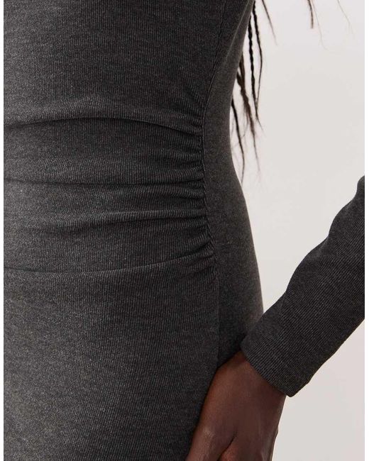 Mango Gray Boat Neck Ruched Waist Long Sleeve Maxi Dress