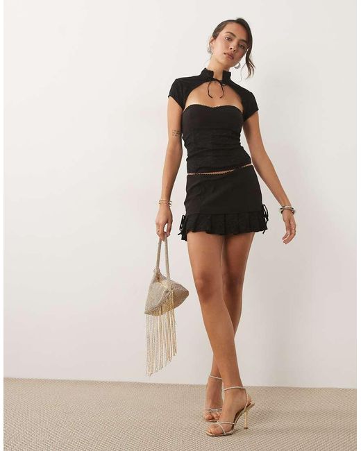 I.AM.GIA Black Aris Sculpting Stretch Low Waist Lace Trim Ruffle Mini Skirt Co-Ord