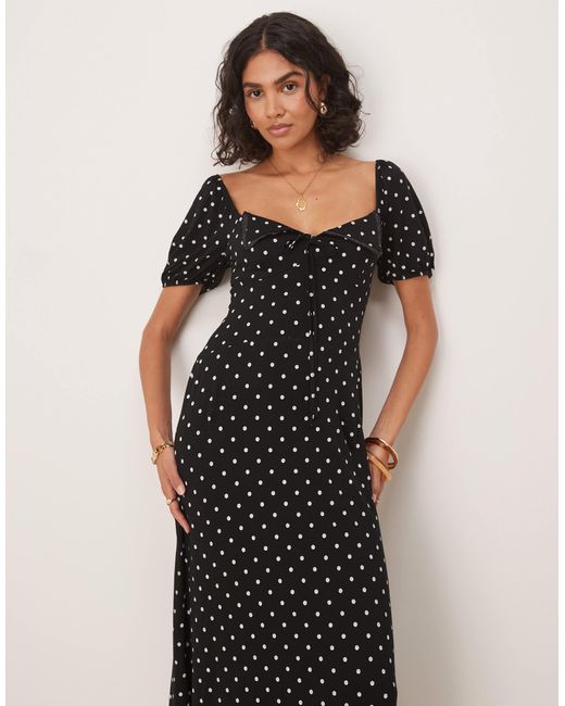 ASOS Natural Scalloped Collar Puff Sleeve Seam Detail Midi Tea Dress