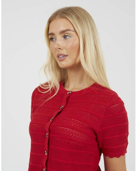 Brave Soul Red Short Sleeve Stitch Detail Crew Neck Cardigan