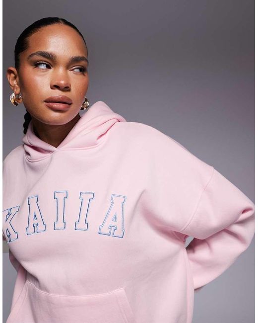 Kaiia Pink Exclusive Cotton Rich Embroidered Logo Oversized Hoodie Co-Ord