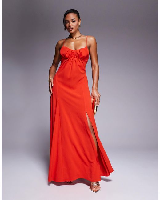ASOS Red Gathe Bust Strappy Cross Back Midi Dress
