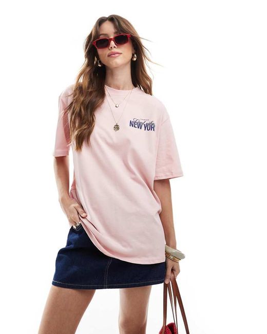 Stradivarius Pink New York Oversized T-Shirt