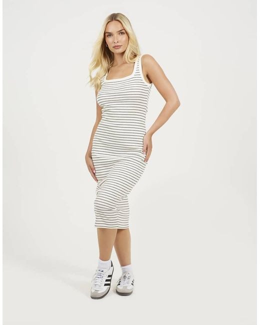 Brave Soul White Cotton Jersey Scoop Neck Stripe Bodycon Midi Dress