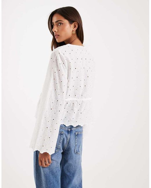 Pieces White Long Sleeve Embroidered Blouse With Waist Detail