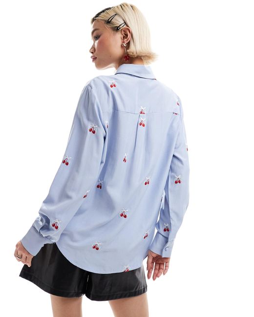 Sister Jane Blue Cherry Embroidered Bow Shirt