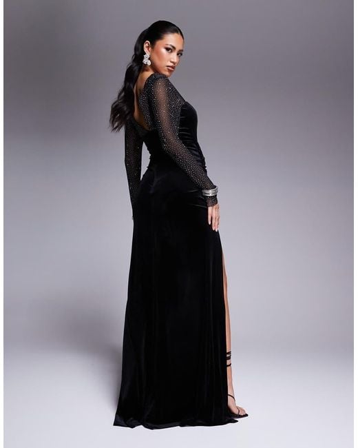 Goddiva Black Hotfix Diamante Sleeve Front Split Velvet Maxi Dress