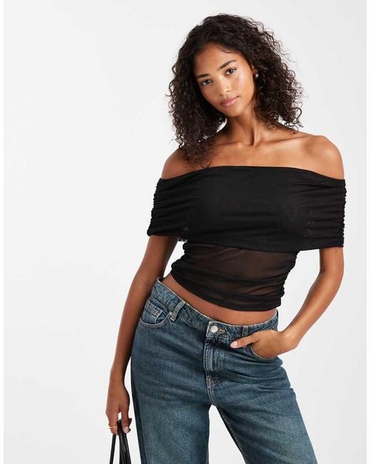 Top Con Escote Bardot Fruncido Y Plegado De Malla De ASOS de color Black