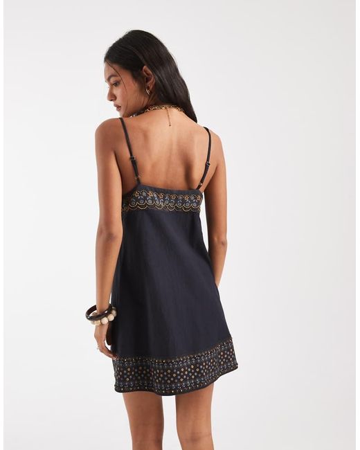 Free People Black Sunspell Boho Embroidered Mini Dress
