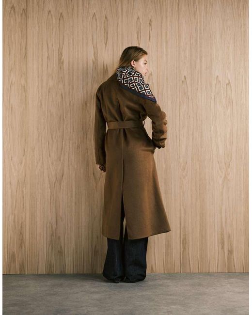 Mango Brown Wool Mix Longline Tie Waist Coat