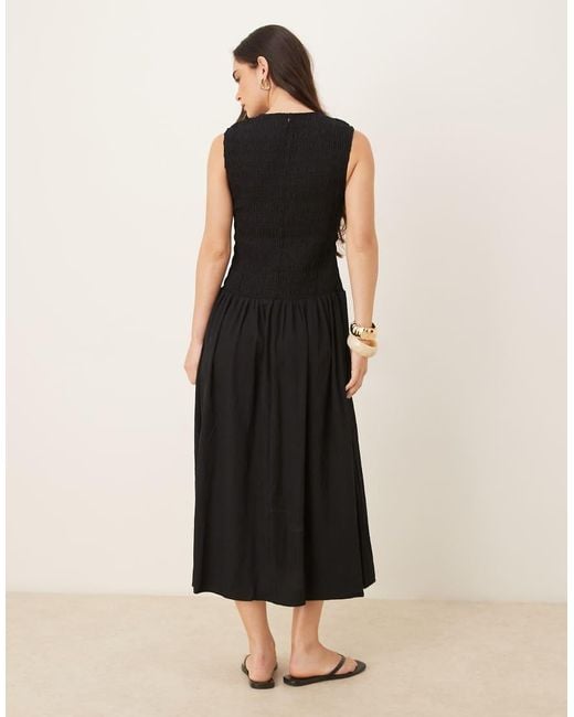 Mango Black Shirred Body Dropped Waist Midi Dress