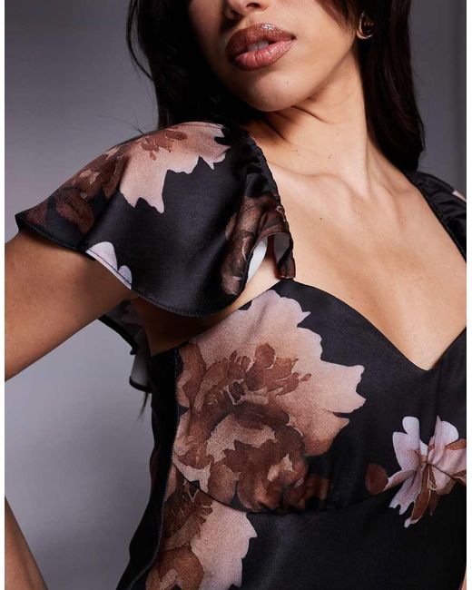 ASOS Black Flutter Sleeve Satin Mini Dress Chocolate Occasion Floral Print