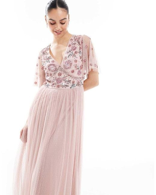 Maya Pink Floral Embellished Polka Dot Mesh Maxi Bridesmaid Dress