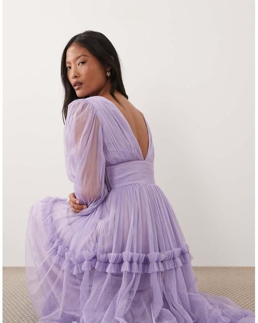 LACE & BEADS Purple Tulle V-neck Balloon Sleeve Maxi Dress