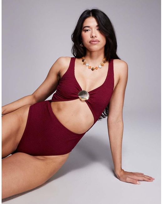 South Beach Red Cutout Crinkle Swimsuit With Shell Hardware