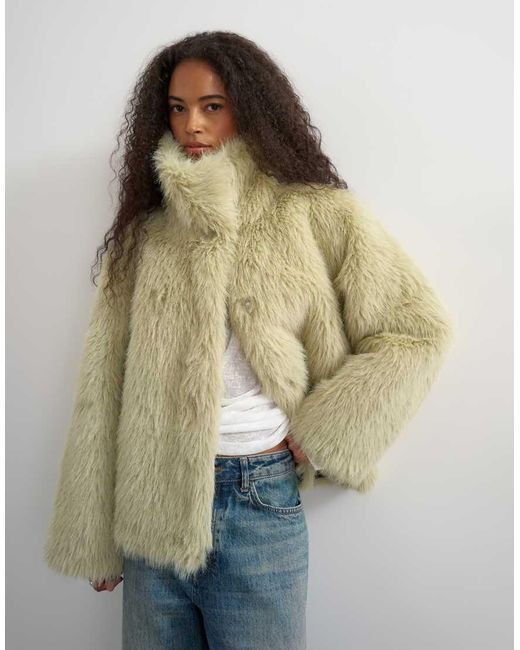 TOPSHOP Green Faux Fur Funnel Neck Detachable Length Coat