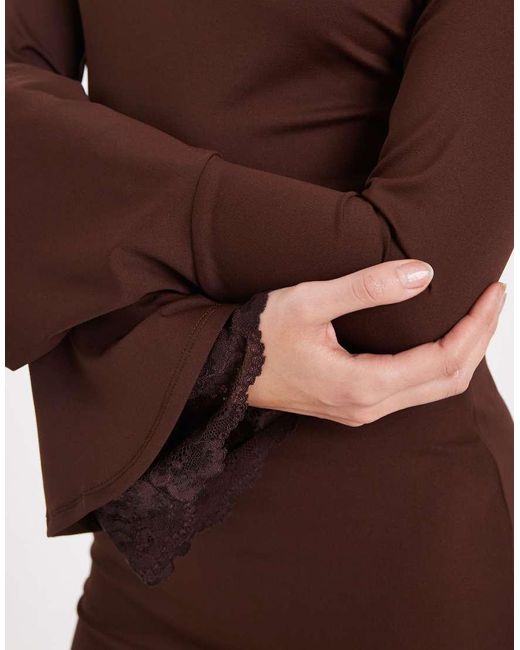ASOS Brown Slash Neck Fluted Lace Sleeve Mini Dress