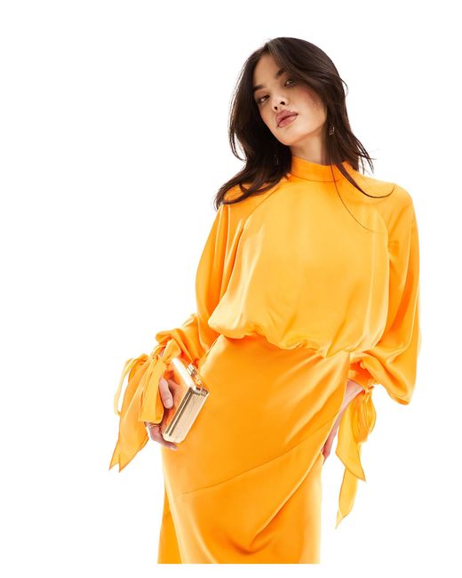 ASOS Orange Satin Balloon Sleeve High Neck Maxi Dress