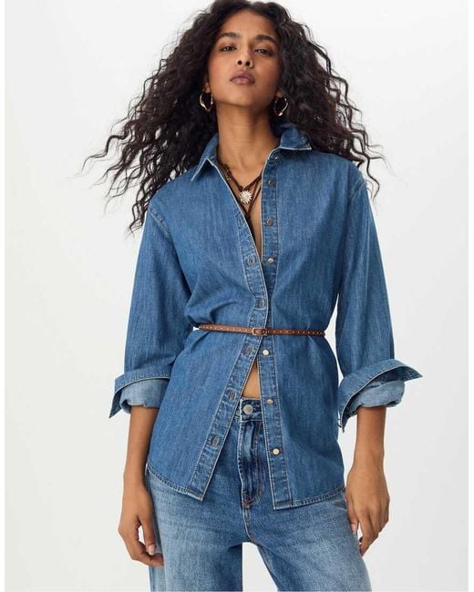 Stradivarius Blue Denim Shirt With Belt
