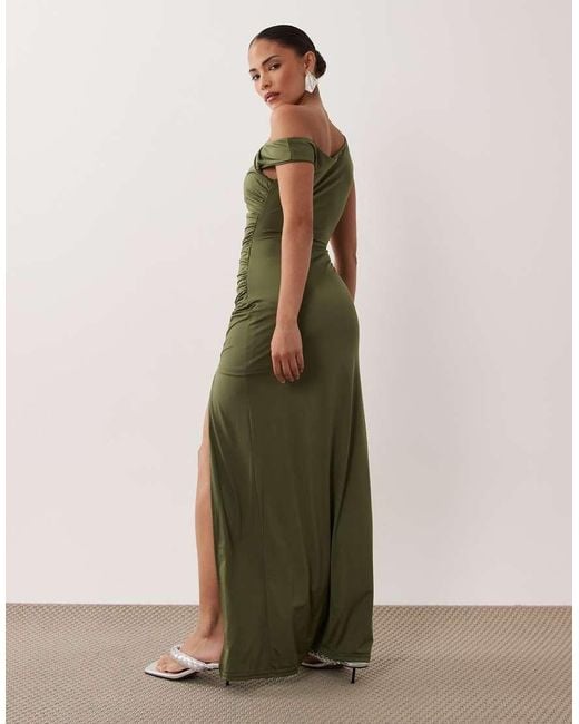 TFNC London Green Slinky Fallen Shoulder Thigh Split Maxi Dress