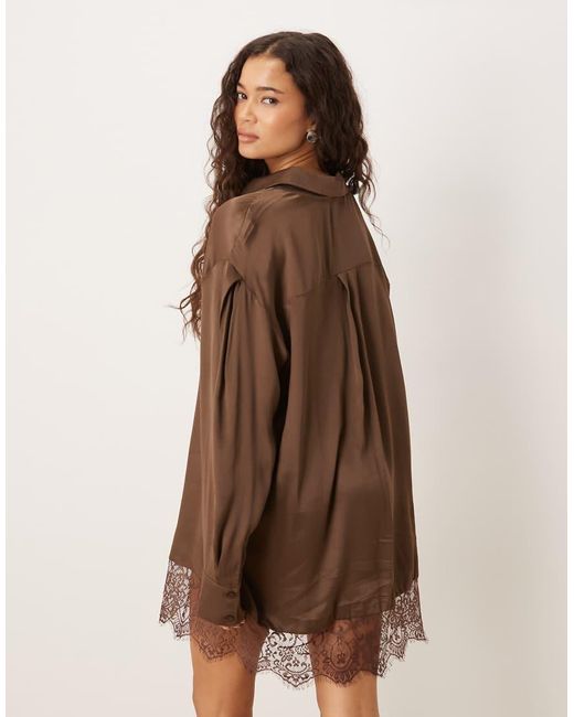 ASOS Brown Satin Shirt Mini Dress With High Low Curved Hem