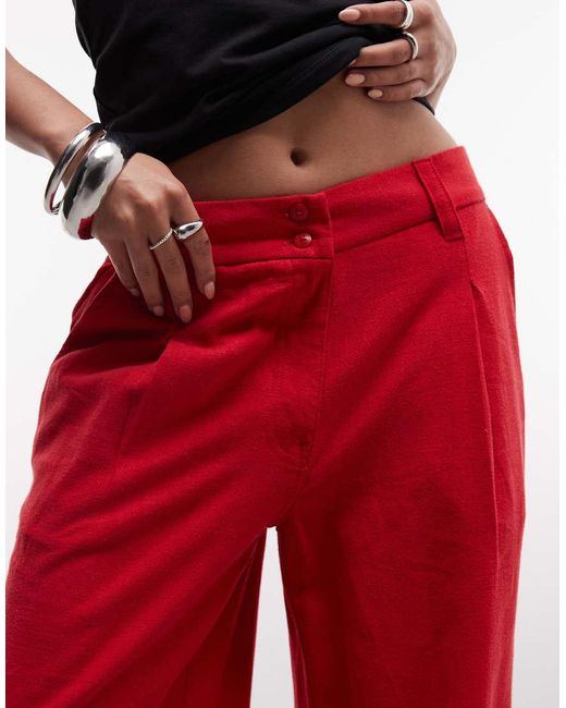 ASOS Red Asos Design Petite Relaxed Straight Leg Pants With Linen