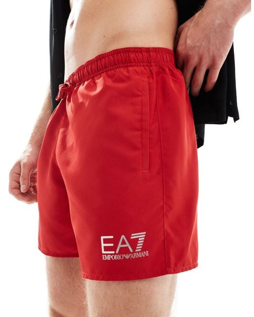 EA7 Red Armani Gold Logo Swim Shorts for men