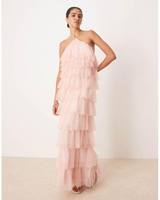 Pretty Lavish Pink Backless Tulle Ruffle Maxi Dress