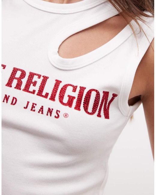 True Religion White Crystal Logo Cut Out Rib Tank Top