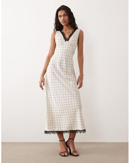 New Look Natural Polka Dot Satin Lace Midi Dress
