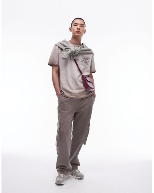 T-shirt oversize à broderie - marron délavé Topman pour homme en coloris Gray