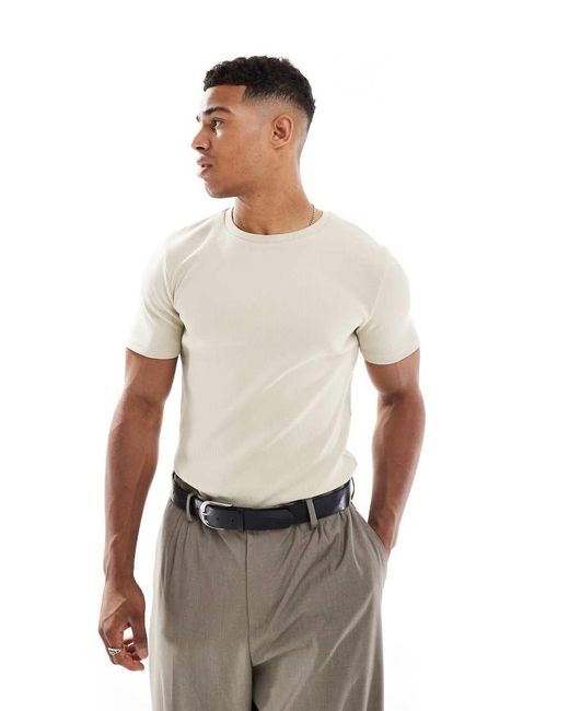 Camiseta Ajustada De Canalé En Beis De -Neutro ASOS de hombre de color White