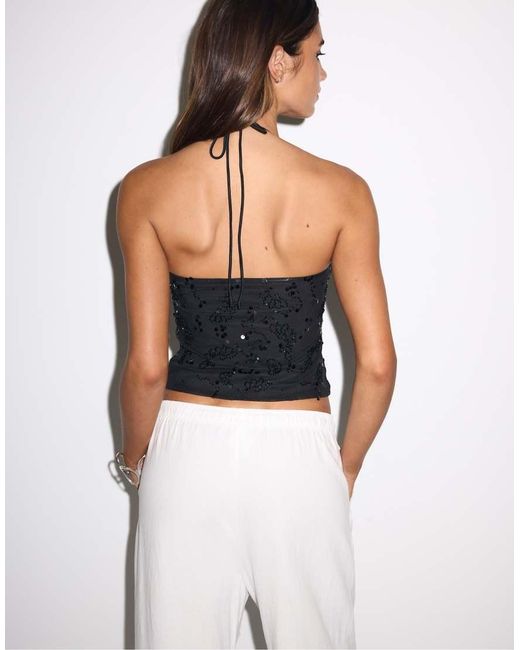 Stradivarius Blue Embroidered Sequin Halter Top
