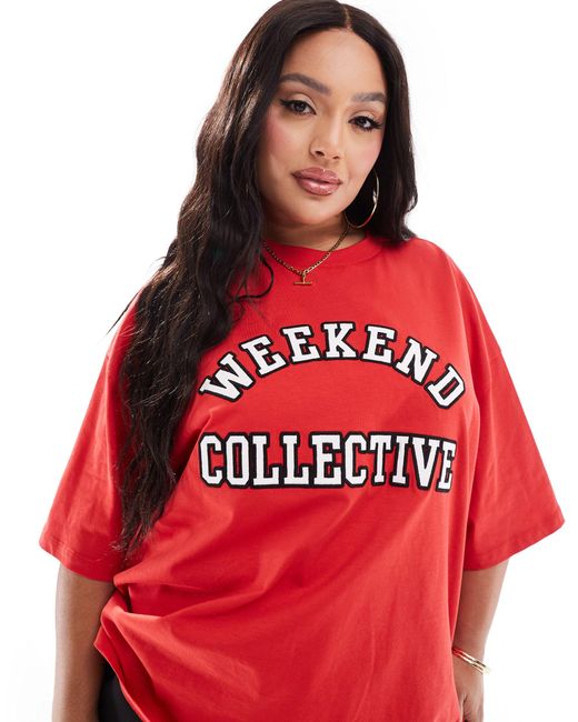 ASOS Red Asos Design Weekend Collective Curve Oversized T-shirt With Varsity Logo