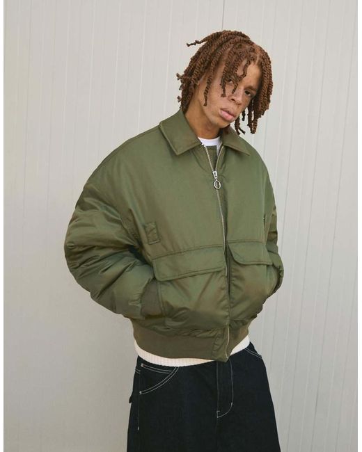 Bershka Green Technical Bomber Jacket for men