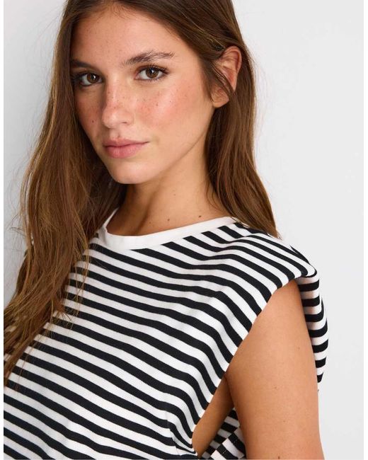 Stradivarius Blue Basic Striped Padded Shoulder T-Shirt