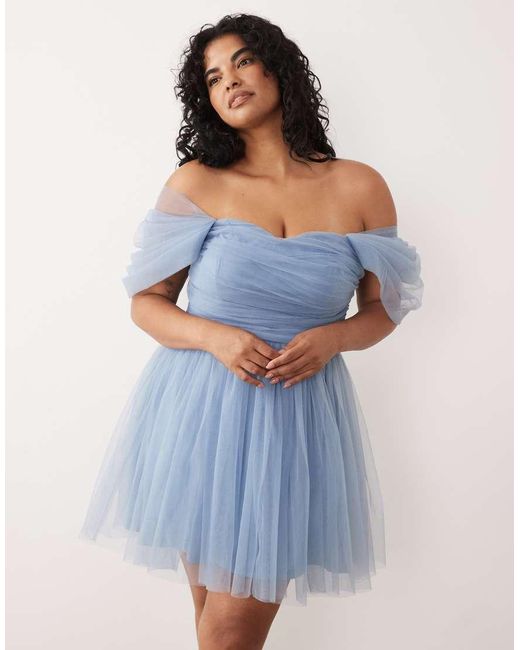 Lace & Beads Plus Blue Off Shoulder Tulle Mini Dress