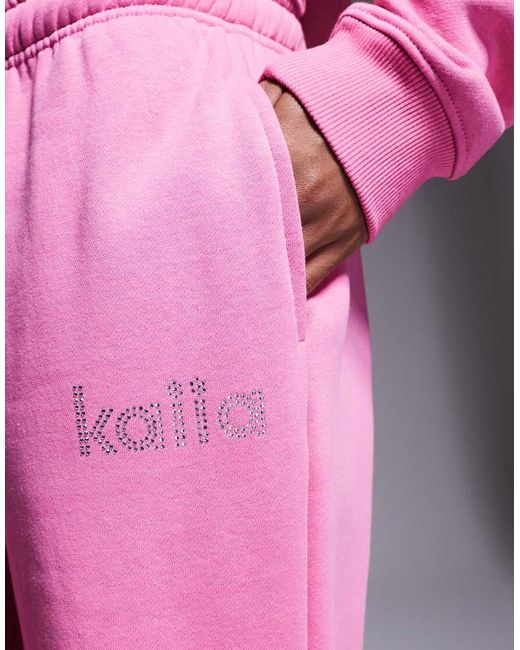 Kaiia Pink Exclusive Cotton Rich Diamante Logo Wide Leg joggers Co-ord