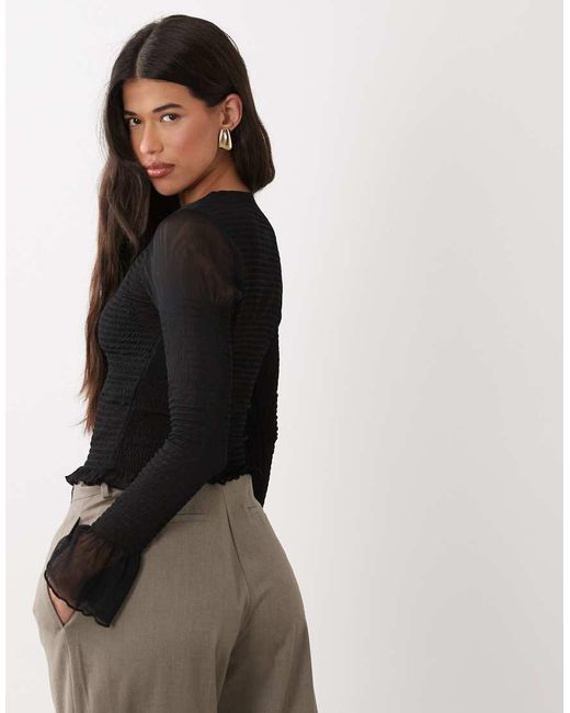 ASOS Black Mesh Shirred Button Down Long Sleeve Top