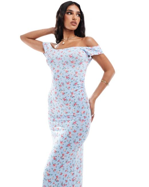 ASOS Blue – schulterfreies wickel-midikleid mit wasserfallausschnitt auf der rückseite und zipfelsaum