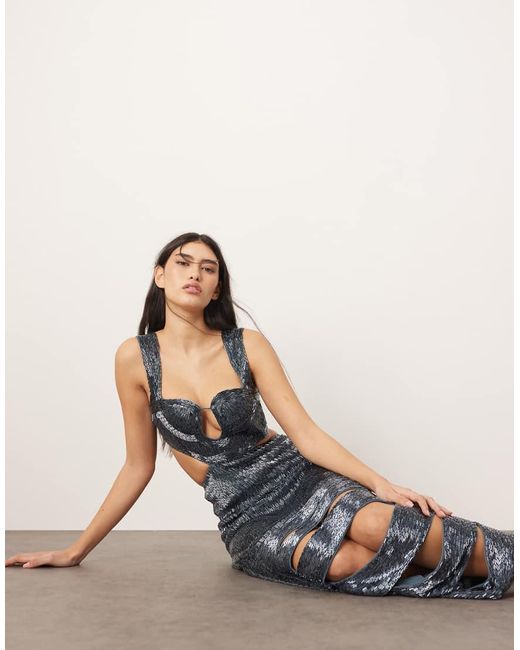 ARRANGE Blue Embellished Beaded Cutout Midi Dress