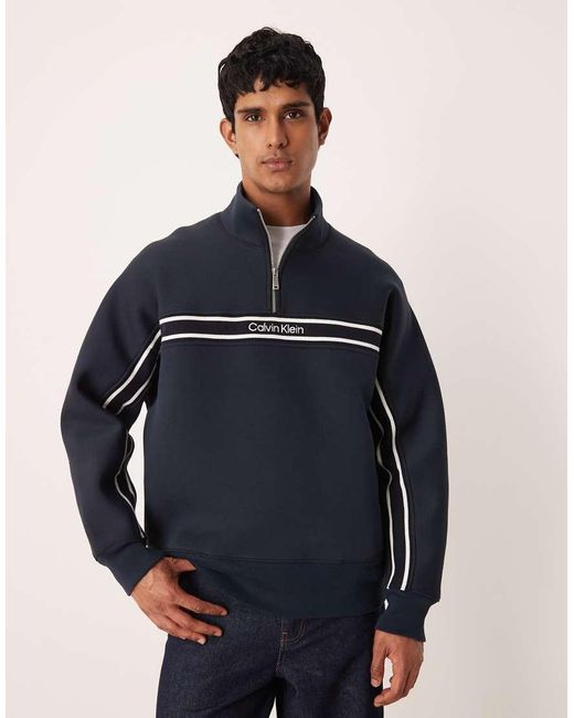 Calvin Klein Blue Central Block Stripe Quarter Zip Sweatshirt for men