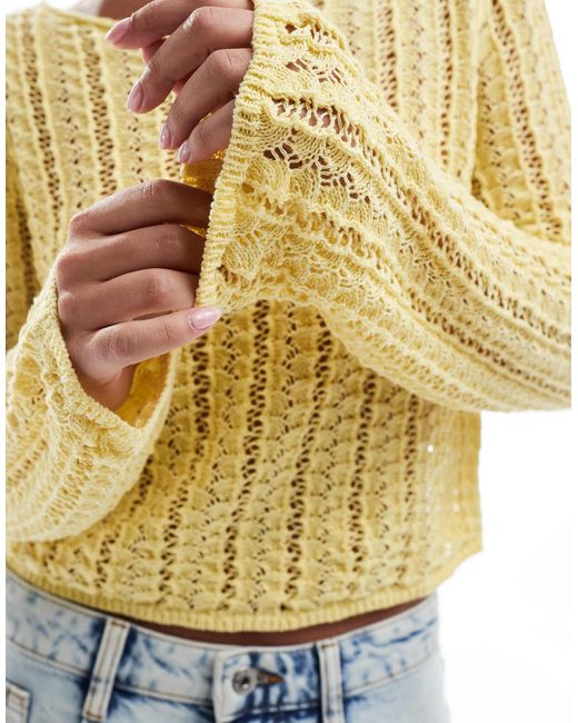 Pieces Metallic Self Stripe Crochet Knit Cropped Top